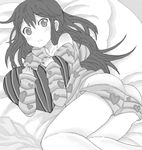  alternate_hairstyle ass bare_shoulders bed blush drawr greyscale hair_down heart heart_pillow heart_print k-on! kuzu_kow legs long_hair loungewear monochrome nakano_azusa off_shoulder pajamas pajamas_pull pillow pillow_hug shorts shorts_pull solo 