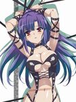  arms_up bdsm blush bondage bound breasts bustier choker cleavage cube_x_cursed_x_curious jet_yowatari large_breasts long_hair looking_at_viewer navel open_mouth purple_hair red_eyes solo spikes sweat ueno_kirika 