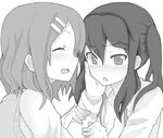 arm_grab blush closed_eyes drawr face frown greyscale hair_ornament hairclip hand_on_another's_cheek hand_on_another's_face hirasawa_yui k-on! kuzu_kow long_hair monochrome multiple_girls nakano_azusa open_mouth short_hair sidelocks smile twintails 