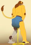  anthro biped boxers_(clothing) clothed clothing feces felid lion male mammal mathewmii pantherine rear_view scat simple_background soiling solo topless underwear urine urine_pool watersports wetting 