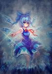  bad_id bad_pixiv_id blue blue_eyes blue_hair bow breasts cirno dress eyelashes hair_bow highres ice light_smile medium_breasts pointing qin ribbon short_hair solo touhou wings 