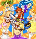  4girls ^_^ anger_vein bell blonde_hair blue_eyes blue_hair bob_cut breasts capelet cleavage cleavage_cutout closed_eyes dress forehead_protector fur_gots ghose_rode gloves green_hair kewne koh_(azure_dreams) large_breasts long_hair medium_breasts mole monster multiple_boys multiple_girls nico_southley orange_hair other_life:_azure_dreams patty_pan ponytail red_eyes selfi_rode twintails underboob 