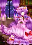  absurdres bad_id bad_pixiv_id book bow crescent dress hat highres long_hair looking_at_viewer night patchouli_knowledge purple_eyes purple_hair ribbon smile solo sorakase_sawa touhou 