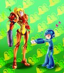  &gt;_&lt; 1girl ? arm_cannon blonde_hair blue_eyes blush_stickers closed_eyes confession crossover headwear_removed heart helmet helmet_removed kagomesarrow letter long_hair love_letter metroid ponytail rockman rockman_(character) rockman_(classic) samus_aran varia_suit weapon 