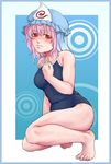  bad_id bad_pixiv_id bare_shoulders barefoot breasts competition_swimsuit feet hat medium_breasts one-piece_swimsuit pink_hair red_eyes saigyouji_yuyuko short_hair solo swimsuit toenails toes tora105 touhou triangular_headpiece 