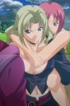  2girls blonde_hair breasts carrying cleavage green_eyes helter_skelter highres kagami_fubuki kagami_haruka large_breasts long_hair multiple_girls navel piggyback pink_hair purple_eyes revealing_clothes screencap siblings sisters stitched third-party_edit 