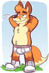  armpit_hair briefs canid canine clothed clothing fox goronic green_eyes male mammal sneakers solo tighty_whities topless underwear white_shoes white_underwear 