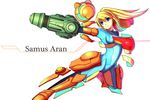  arm_cannon armor assembling blonde_hair blue_eyes breasts lauqe medium_breasts metroid ponytail samus_aran solo varia_suit weapon zero_suit 