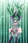  armpits arms_up bad_id bad_pixiv_id bridal_gauntlets center_opening closed_eyes floating_hair green_hair hatsune_miku hatsune_miku_(append) highres long_hair navel necktie solo striped striped_background thighhighs twintails very_long_hair vocaloid vocaloid_append wenhe 
