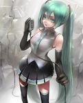  aqua_eyes aqua_hair bare_shoulders black_legwear cable elbow_gloves gloves hatsune_miku highres long_hair microphone necktie nicole_pmonachi skirt solo thighhighs twintails very_long_hair vocaloid 