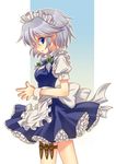  blue_eyes blush bow braid girotin_ginza hair_bow hands_together holster izayoi_sakuya maid maid_headdress open_mouth own_hands_together short_hair silver_hair solo thigh_holster thigh_strap touhou twin_braids 