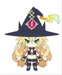  :&lt; bare_shoulders blonde_hair bog_witch_metalica bots braid breasts chibi cleavage eyebrows green_eyes hat long_hair looking_at_viewer majo_to_hyakkihei metalica metallica_(majo_to_hyakkihei) metallica_(swamp_witch) midriff navel nippon_ichi solo tattoo the_witch_and_the_hundred_knights thick_eyebrows twin_braids very_long_hair witch_hat 