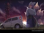  :&lt; absurdres blonde_hair brown_eyes car cloud contemporary fox_tail grass ground_vehicle hands_in_opposite_sleeves hat hayate-s highres motor_vehicle multiple_tails outdoors power_lines short_hair solo star_(sky) sun suzuki_(company) tail touhou yakumo_ran 