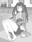  :t bare_legs barefoot casual character_doll couch drawr eating feet greyscale hirasawa_yui k-on! kuzu_kow legs long_hair looking_at_viewer monochrome nakano_azusa shirt sidelocks sitting solo striped striped_shirt twintails 