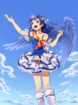  arm_up asymmetrical_clothes blue blue_background blue_wings boots brown_eyes cloud day dress flat_chest frills hair_ornament hair_ribbon hairpin idol idolmaster idolmaster_(classic) kisaragi_chihaya long_hair ndo2 open_mouth ribbon sash sky smile solo star wings 