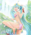  aqua_eyes aqua_hair bikini crab diving_mask hatsune_miku long_hair marker_(medium) mayo_riyo open_mouth side-tie_bikini snorkel solo striped striped_bikini swimsuit traditional_media twintails very_long_hair vocaloid 