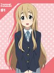  :d blazer blonde_hair blue_eyes blush character_name ikari_manatsu jacket k-on! kotobuki_tsumugi long_hair open_mouth polka_dot polka_dot_background ribbon round_teeth skirt smile solo teeth v_arms very_long_hair 