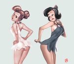  ass bare_shoulders betty_rubble black_hair blue_eyes bow dress hair_bow hands_on_hips jewelry lips lipstick looking_back makeup microdress multiple_girls necklace no_panties qiqo red_eyes red_hair short_dress short_hair simple_background the_flintstones wilma_flintstone 