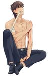  bandages bleeding blood brown_eyes brown_hair eyebrows fate/zero fate_(series) forked_eyebrows kotomine_kirei male_focus moratorian mouth_hold shirtless simple_background solo white_background 