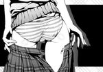  ass black_background cleaned drop_shadow from_behind greyscale highres kantoku kurumi_(kantoku) monochrome open_clothes open_skirt original panties plaid plaid_skirt pleated_skirt shadow shiny shiny_skin simple_background skirt solo striped striped_panties trefoil underwear undressing 