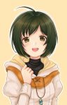  1girl akina_(akn_646) black_hair brown_eyes fire_emblem fire_emblem:_akatsuki_no_megami hood hood_down jewelry laura_(fire_emblem) long_sleeves nintendo open_mouth pendant short_hair simple_background solo upper_body 