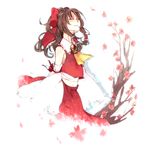  ascot bad_id bad_pixiv_id bare_shoulders bow branch brown_hair cherry_blossoms detached_sleeves hair_bow hair_tubes hakurei_reimu leaf long_hair sarashi simple_background smile sofy solo touhou tree white_background 