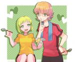  1girl barnaby_brooks_jr blonde_hair finger_to_mouth food glasses green_eyes holding holding_spoon huang_baoling hyou pudding shirt short_hair shorts spoon t-shirt tiger_&amp;_bunny towel 