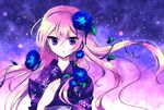  flower hair_flower hair_ornament japanese_clothes kimono long_hair megurine_luka miyu_(matsunohara) night night_sky pink_hair plant purple_eyes sky solo star_(sky) vines vocaloid 