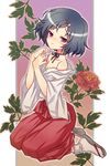  bare_shoulders black_hair blush girotin_ginza hair_ornament hairclip japanese_clothes male_focus miko off_shoulder otoko_no_ko purple_eyes short_hair skull_hair_ornament solo steins;gate urushibara_ruka 