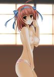  blush breasts brown_eyes brown_hair hair_ribbon hairband highres medium_breasts nipples oda_ken'ichi panties papa_no_iu_koto_wo_kikinasai! ribbon short_hair solo striped striped_panties takanashi_sora topless underwear 