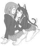  animal_ears arm_support barefoot blush cat_ears cat_tail closed_eyes drawr greyscale hand_on_another's_face hirasawa_yui k-on! kuzu_kow leaning_forward long_hair looking_away monochrome multiple_girls nakano_azusa no_legwear pout school_uniform short_hair sitting smile tail tail_wagging tsundere twintails wariza 