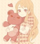  argyle blonde_hair blush casual doll_hug drawr eyebrows heart k-on! kotobuki_tsumugi kuzu_kow long_hair red_eyes smile solo stuffed_animal stuffed_toy teddy_bear upper_body 