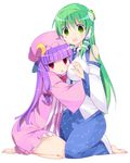  :p barefoot blush bow breasts commentary_request crescent detached_sleeves frog green_eyes green_hair hair_bow hair_ornament hair_tubes hat highres hug kneeling kochiya_sanae large_breasts long_hair multiple_girls open_mouth patchouli_knowledge purple_hair red_eyes rfa skirt smile snake tongue tongue_out touhou 