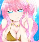  bad_id bad_pixiv_id bare_shoulders bikini_top blue_eyes breasts cleavage copyright_request cross jewelry long_hair looking_at_viewer medium_breasts necklace pendant pink_hair shiny shiny_skin smile solo sorakase_sawa swimsuit 