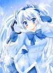  blue_eyes blue_hair bow coat gloves hair_bow hatsune_miku kanna_satsuki long_hair looking_at_viewer smile snowflakes solo twintails very_long_hair vocaloid yuki_miku 