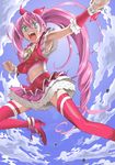  :o armpits blue_background blue_eyes bow braid clenched_hand cloud cure_melody day dress eyelashes frills houjou_hibiki long_hair magical_girl michuru_(qeenbee) open_mouth pink_bow pink_hair pink_legwear precure shoes sky solo suite_precure thighhighs twintails zettai_ryouiki 