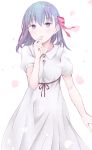  1girl bangs bow dress eyebrows_visible_through_hair fate/stay_night fate_(series) finger_to_mouth hair_bow hair_ribbon heaven&#039;s_feel highres long_hair looking_at_viewer matou_sakura petals puffy_short_sleeves puffy_sleeves purple_eyes purple_hair red_ribbon ribbon shichouson short_sleeves solo standing white_background white_dress 