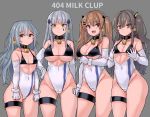  404_(girls_frontline) 4girls bangs barefoot bdsm bell bell_collar bikini bikini_top black_bikini blunt_bangs blush breasts brown_eyes brown_hair cleavage collar collarbone covered_navel cow_bell cowboy_shot detached_sleeves ear_tag elbow_gloves g11_(girls_frontline) girls_frontline gloves green_eyes grey_background grey_hair hair_ornament highleg highleg_leotard hk416_(girls_frontline) justeeeeth large_breasts leotard long_hair looking_at_viewer md5_mismatch medium_breasts multiple_girls one_side_up open_mouth red_eyes self_fondle simple_background slave small_breasts smile standing swimsuit twintails ump45_(girls_frontline) ump9_(girls_frontline) underboob 