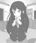  blazer drawr fidgeting greyscale hands_together jacket k-on! kuzu_kow long_hair looking_at_viewer monochrome nakano_azusa own_hands_together school_uniform shy sidelocks solo standing 