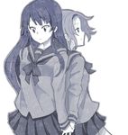  2girls akiyama_mio alternate_costume back-to-back commentary_request hairband holding_hands interlocked_fingers k-on! kuzu_kow long_hair monochrome multiple_girls oekaki pleated_skirt school_uniform serafuku short_hair skirt tainaka_ritsu 