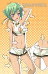  aquarion_(series) aquarion_evol arm_up ass ass_cutout bare_shoulders breasts butt_crack cleavage cleavage_cutout dark_skin directional_arrow fang green_hair groin medium_breasts midriff navel nu_(plastic_eraser) purple_eyes short_hair short_shorts shorts sideboob solo translated zessica_wong 