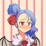  alternate_hairstyle bat_wings blue_hair blush bow cato_(monocatienus) commentary dress embarrassed frown full-face_blush hair_ribbon no_hat no_headwear pink_dress red_eyes remilia_scarlet ribbon side_ponytail simple_background solo touhou translated upper_body wings 