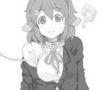  ? animal_ears blazer blush breasts collar dog_ears drawr greyscale hirasawa_yui jacket k-on! kemonomimi_mode kuzu_kow leash medium_breasts monochrome neck_ribbon off_shoulder ribbon short_hair solo sweatdrop upper_body 