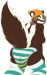  anthro areola biped black_fur breasts clothed clothing ear_piercing eyebrows feces female fur hair hat looking_back mammal mathewmii mephitid nipples piercing rear_view scat side_boob simple_background skunk soiling solo striped_fur stripes topless urine watersports wetting white_fur 