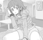  bed bedroom blush greyscale hair_tucking hirasawa_yui hood hoodie indoors k-on! kuzu_kow loungewear monochrome pajamas short_hair shorts sitting solo wariza 