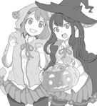  candy drawr fang food greyscale grin halloween hat hat_with_ears hirasawa_yui hood hoodie jack-o'-lantern jacket_on_shoulders k-on! kuzu_kow monochrome multiple_girls nakano_azusa open_mouth pantyhose sleeves_rolled_up smile striped striped_legwear tail twintails witch_hat zipper 