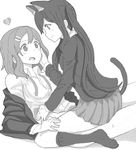  2girls animal_ears blush cat_ears cat_tail drawr greyscale hand_on_another's_face heart hirasawa_yui k-on! kuzu_kow monochrome multiple_girls nakano_azusa off_shoulder role_reversal school_uniform sitting sitting_on_person smile straddling tail wavy_mouth yuri 