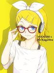  bare_shoulders bespectacled blonde_hair blue_eyes character_name colored_eyelashes colorized copyright_name glasses hair_ornament hair_ribbon hairclip headphones highres kagamine_rin looking_at_viewer reinforce_a ribbon short_hair smile solo staring vocaloid yellow_background 