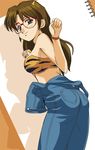  90s animal_print ass bandeau bangs bare_shoulders bikini bikini_top breasts brown_hair clenched_hands cosplay cowboy_shot denim from_side glasses grey_eyes haruyama_kazunori horns long_hair looking_at_viewer looking_back lum lum_(cosplay) medium_breasts otaku otaku_no_video overalls parted_bangs print_bikini red-framed_eyewear satou_yuri_(otaku_no_video) shadow sketchbook smile solo standing swimsuit tiger_print undressing urusei_yatsura watch wristwatch 