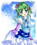  bad_id bad_pixiv_id bare_shoulders blue_eyes blush breasts detached_sleeves dress dress_lift green_hair gumi looking_at_viewer lowres medium_breasts open_mouth short_hair solo vocaloid yoitsukishin 